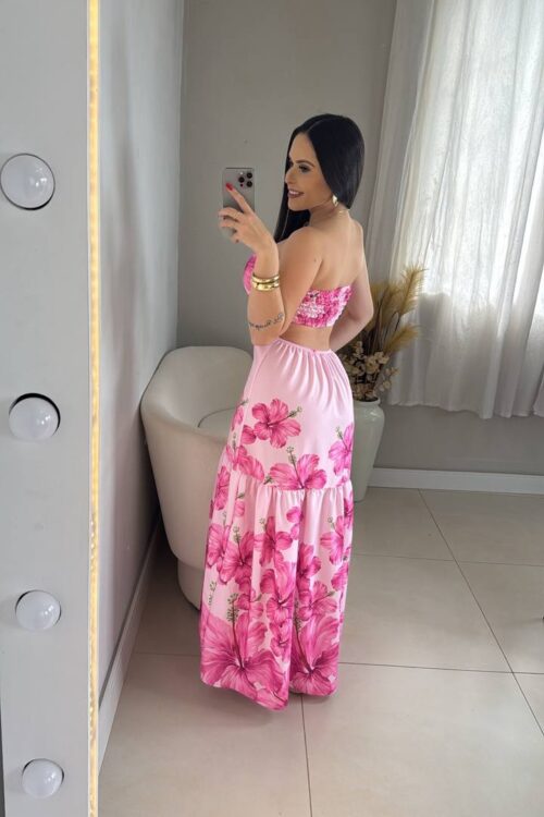 Vestido Longo Estampado 2 Formas De Amarração Pink