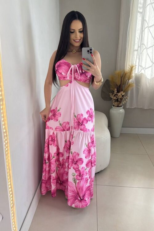 Vestido Longo Estampado 2 Formas De Amarração Pink