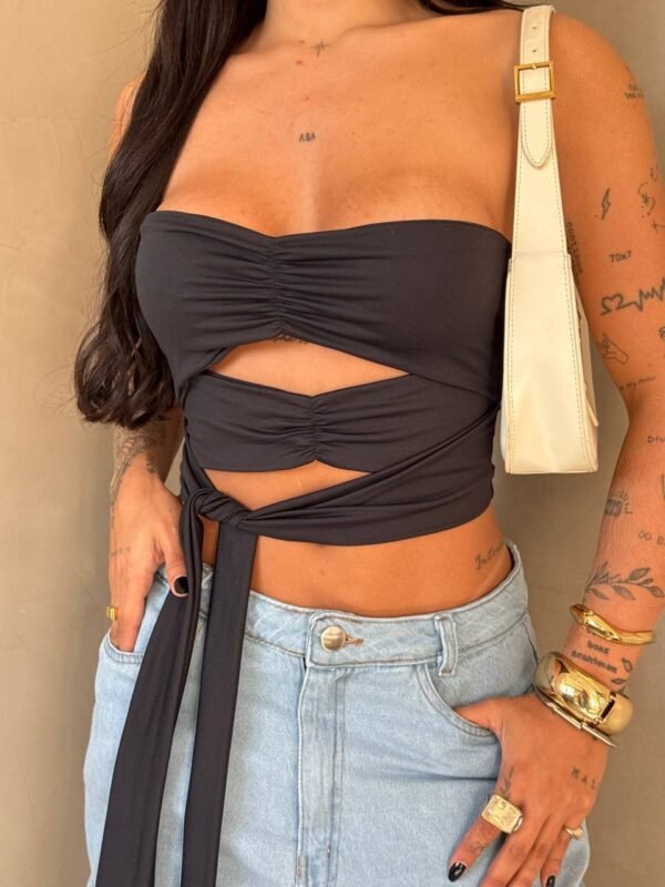 Cropped Poliamida Tomara Que Caia Amarração Preto - Imagem 2