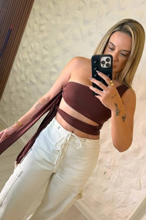 Cropped Poliamida Manga Única Amarração Marrom