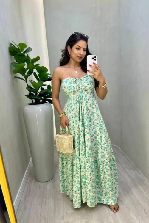 Vestido Longo Estampado Floral Viscolinho Verde
