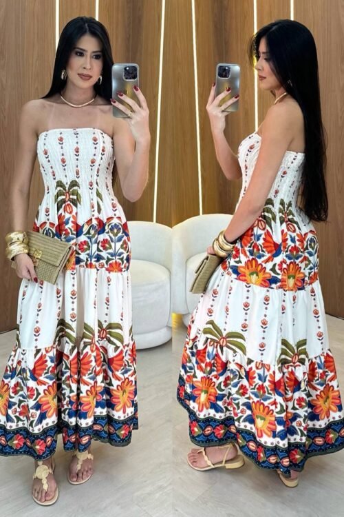 Vestido Longo De Lastex Estampado Floral Laranja