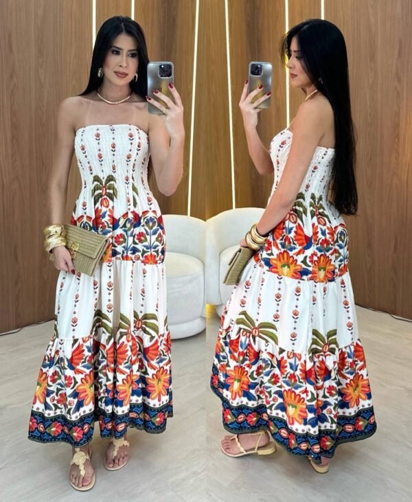 Vestido Longo De Lastex Estampado Floral Laranja