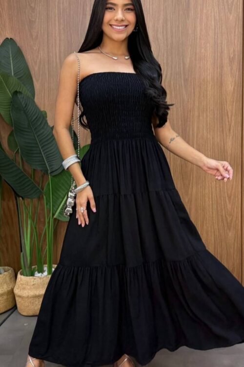 Vestido Longo De Lastex Liso Marrom