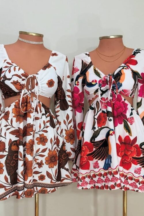 Vestido/macaquinho Estampado Isadora Branco com Marrom