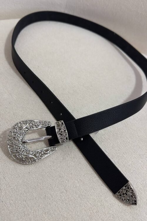 Cinto Preto Liso Com Fivela Prata Arabesco