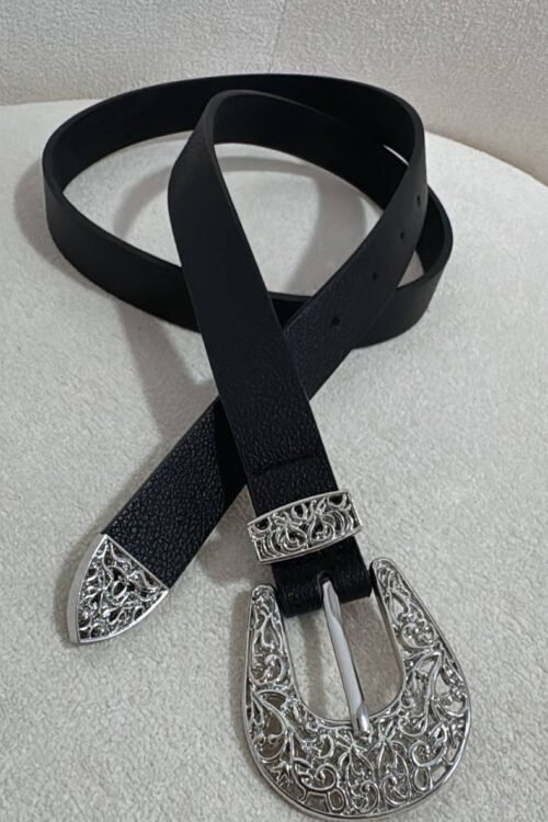 Cinto Preto Liso Com Fivela Prata Arabesco