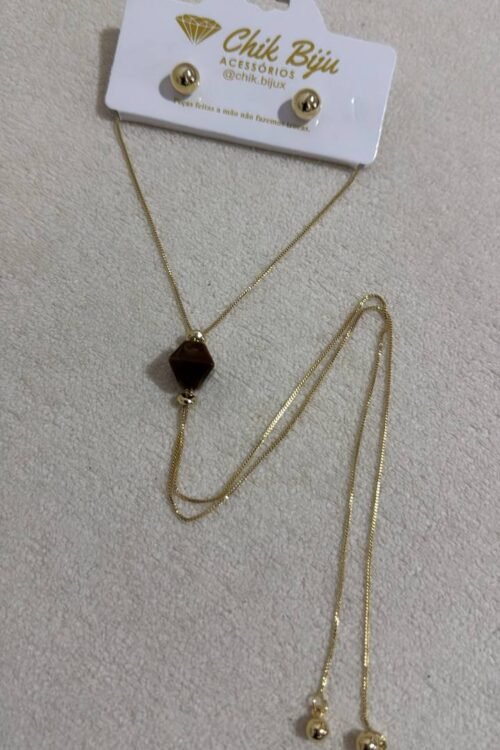 Conjunto De Colar Gravatinha + Brincos Dourado Com Marrom