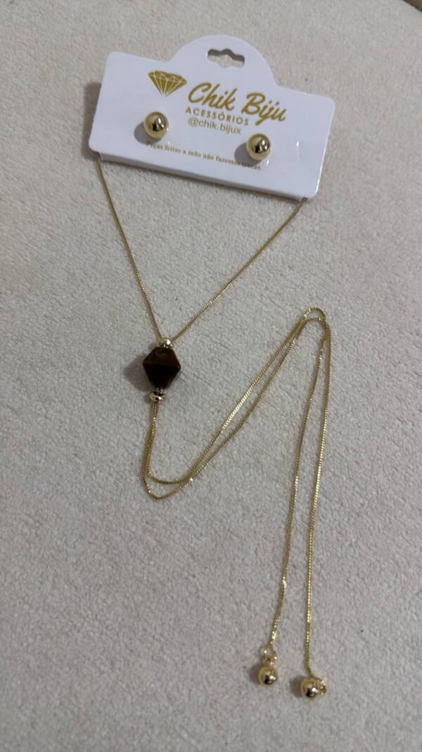 Conjunto De Colar Gravatinha + Brincos Dourado Com Marrom