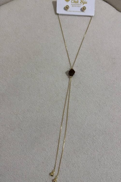 Conjunto De Colar Gravatinha + Brincos Dourado Com Marrom
