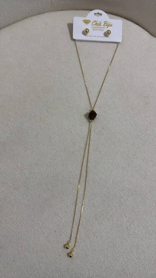 Conjunto De Colar Gravatinha + Brincos Dourado Com Marrom - Imagem 2