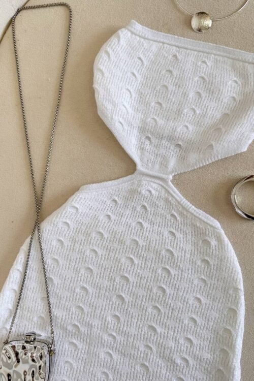 Vestido Em Tricot Crochê Abertura Na Cintura Branco