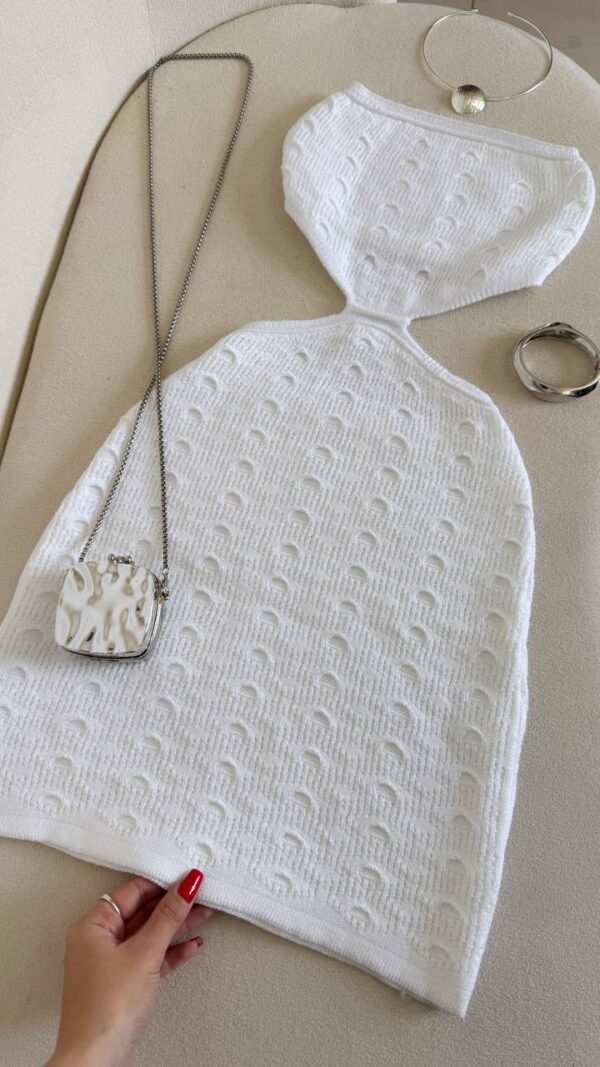 Vestido Em Tricot Crochê Abertura Na Cintura Branco - Imagem 3