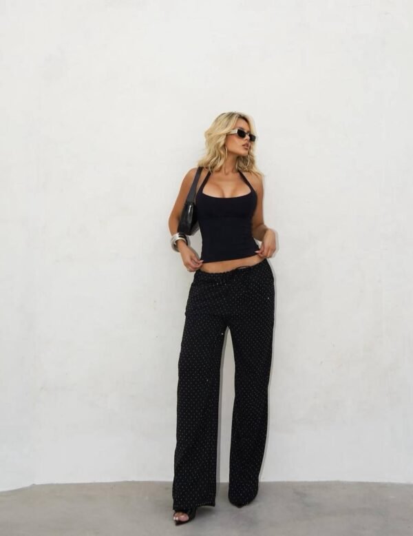 Calça Pantalona Preta Com Brilho Preto - Imagem 6
