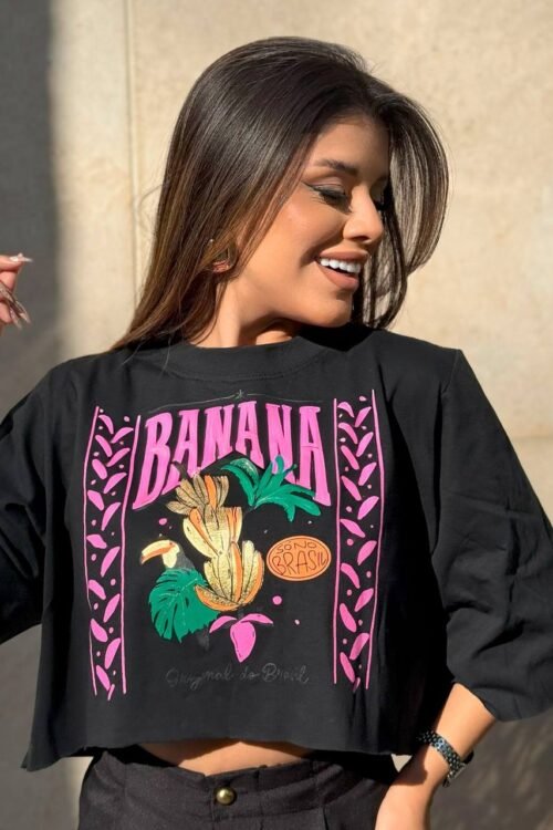 T-shirt Cropped Tropical Preto
