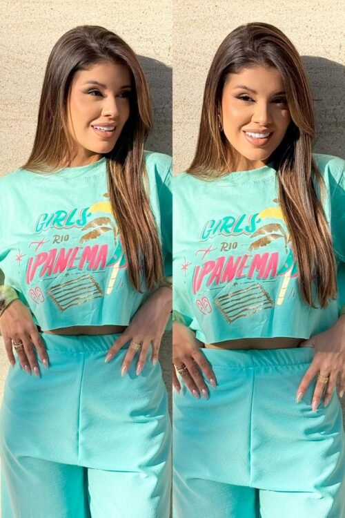 T-shirt Cropped Tropical Verde Água