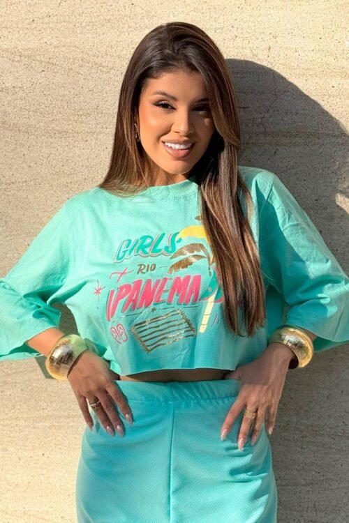 T-shirt Cropped Tropical Verde Água