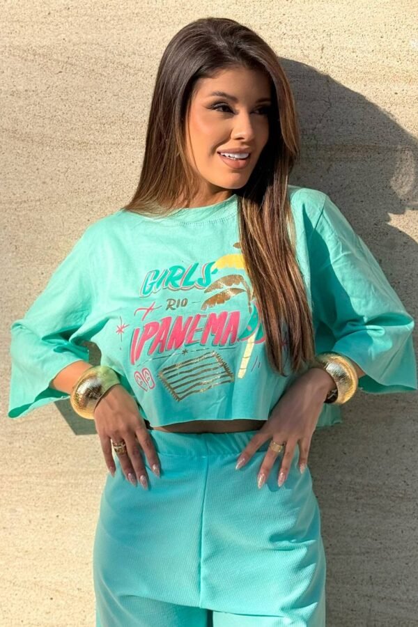 T-shirt Cropped Tropical Verde Água - Imagem 3