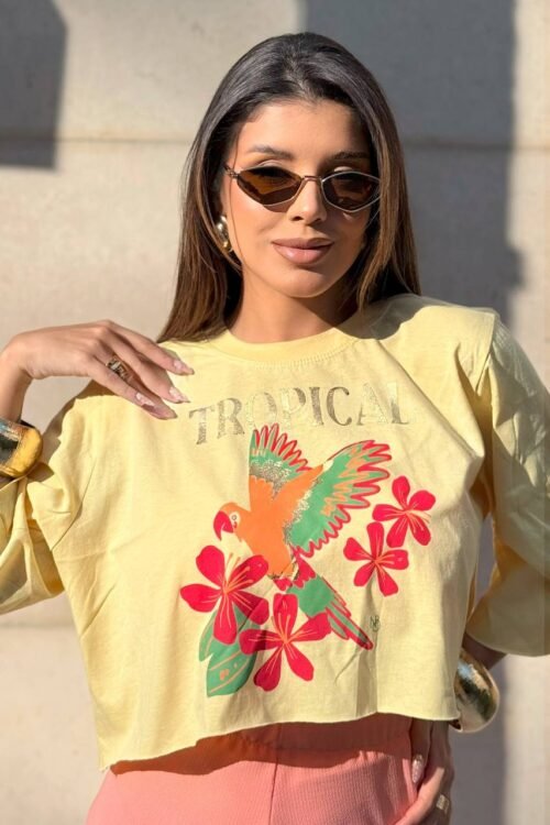 T-shirt Cropped Tropical Amarelo