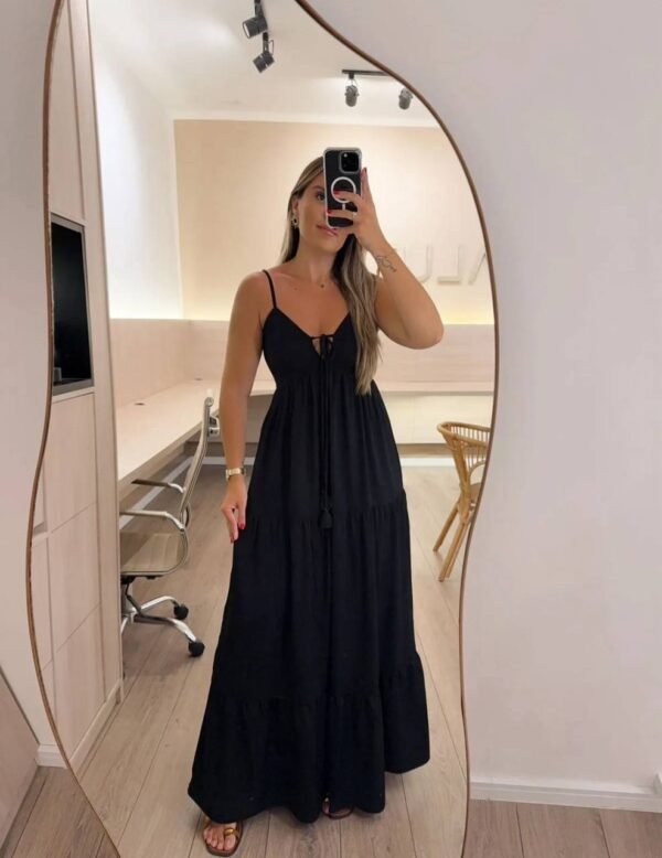 Vestido Longo Pompom Viscosarja Preto - Imagem 3