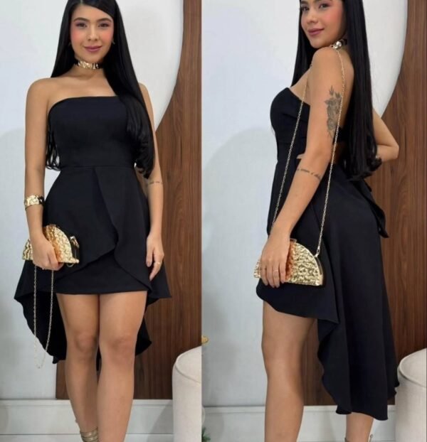 Vestido Curto Na Frente Com Cauda Comprida Atrás Preto - Imagem 5
