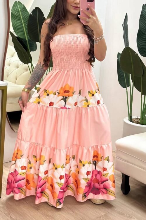 Vestido Longo De Lastex Estampado Flores Rosa