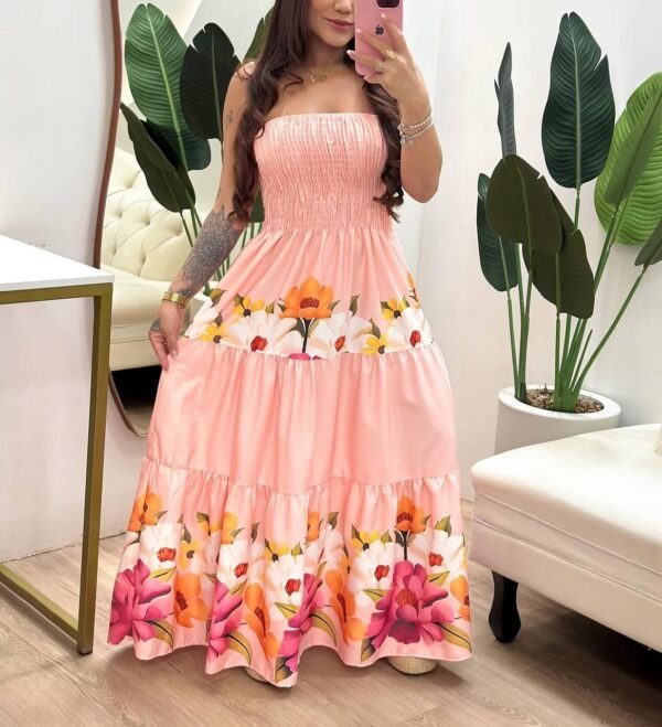 Vestido Longo De Lastex Estampado Flores Rosa