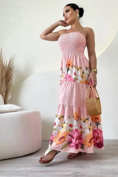 Vestido Longo De Lastex Estampado Flores Rosa