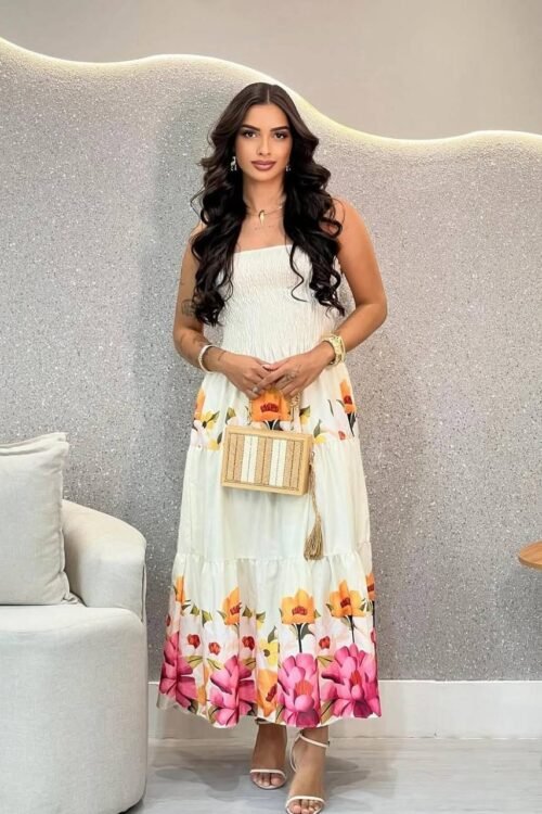 Vestido Longo De Lastex Estampado Flores Off