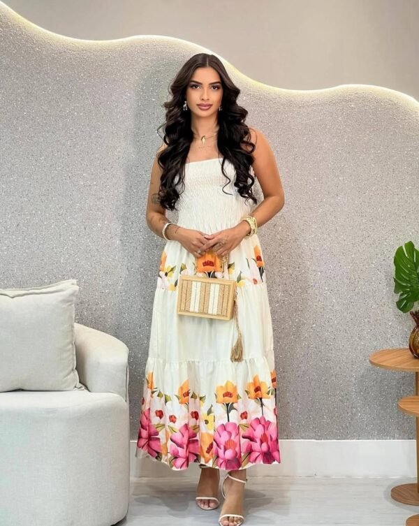 Vestido Longo De Lastex Estampado Flores Off