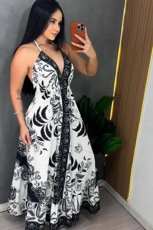 Vestido Longo Indiano Estampado Branco com Preto