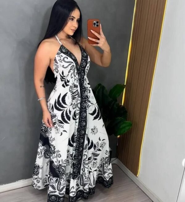 Vestido Longo Indiano Estampado Branco com Preto