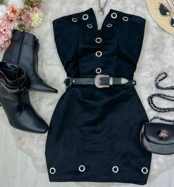Vestido Tomara Que Caia De Suede Com Ilhos Preto - Imagem 4