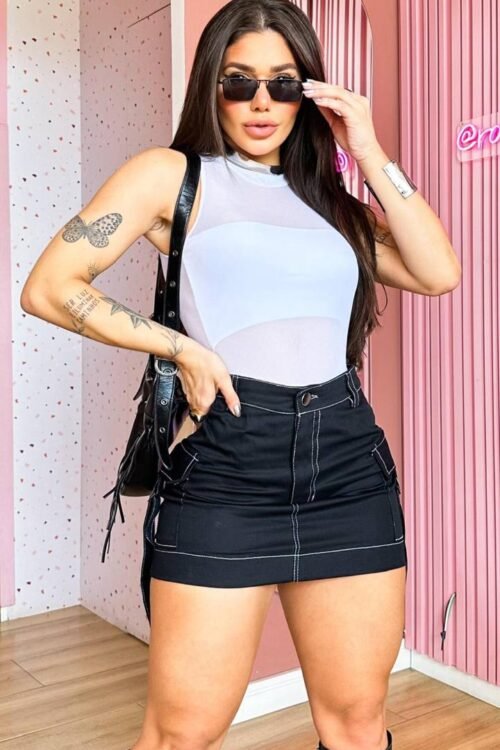 Body Cavado Tule Com Top Branco
