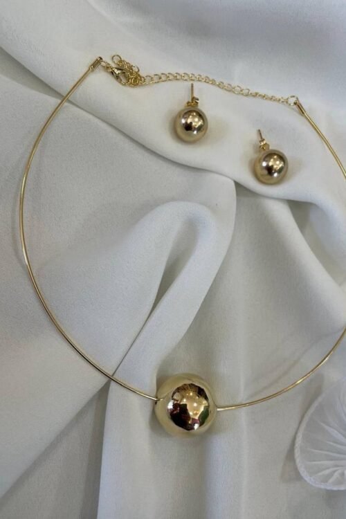 Kit De Colar Choker + Brinco Bola Dourada