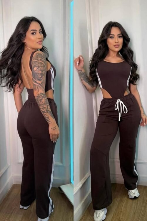 Conjunto De Body Cavado + Calça Listras Marrom