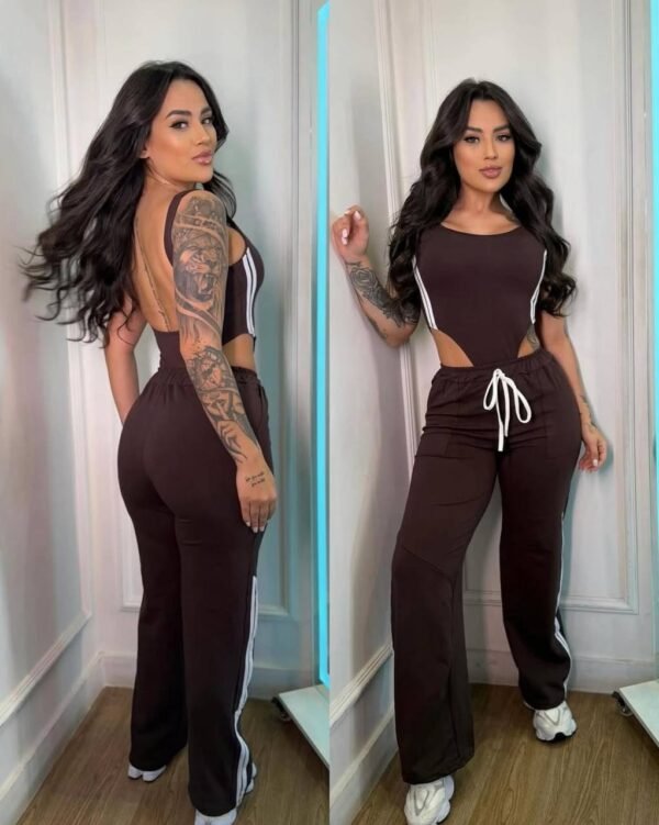 Conjunto De Body Cavado + Calça Listras Marrom - Imagem 2