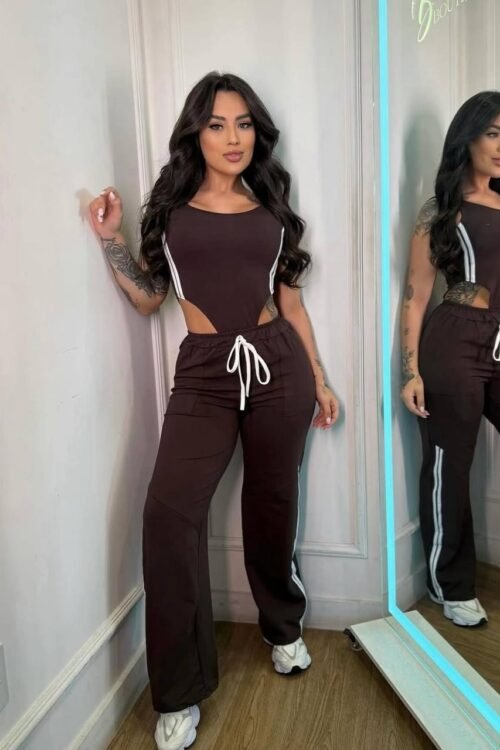 Conjunto De Body Cavado + Calça Listras Marrom