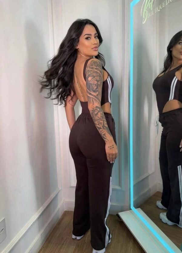Conjunto De Body Cavado + Calça Listras Marrom - Imagem 4