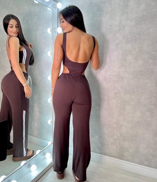 Conjunto De Body Cavado + Calça Listras Marrom - Imagem 5