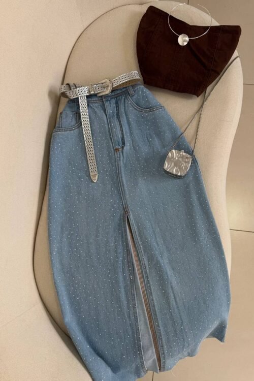Saia Jeans Mid Com Strass e Fenda