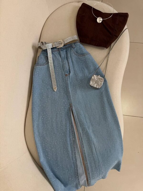 Saia Jeans Mid Com Strass e Fenda
