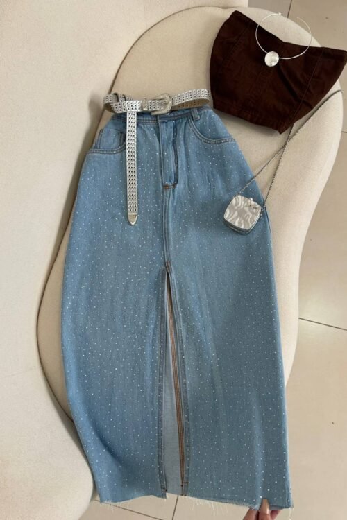 Saia Jeans Mid Com Strass e Fenda