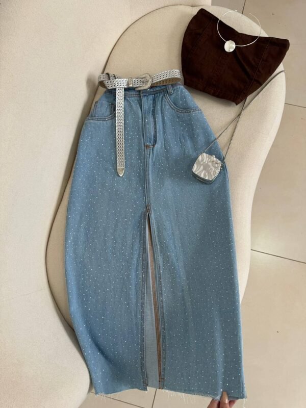 Saia Jeans Mid Com Strass e Fenda - Imagem 2