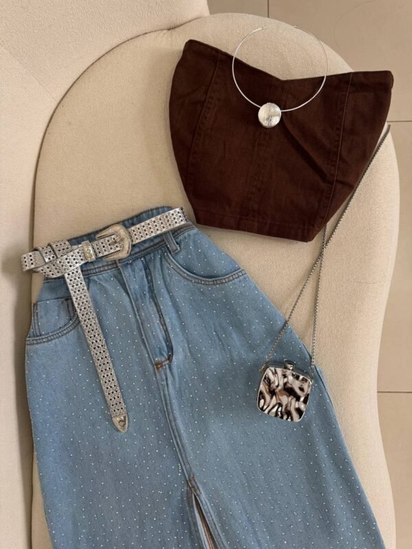 Saia Jeans Mid Com Strass e Fenda - Imagem 3