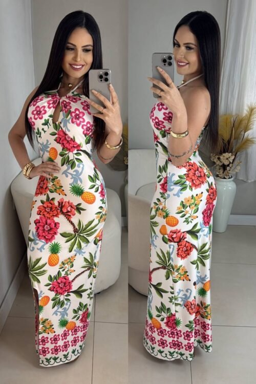 Vestido Longo Estampado Gota Rosa