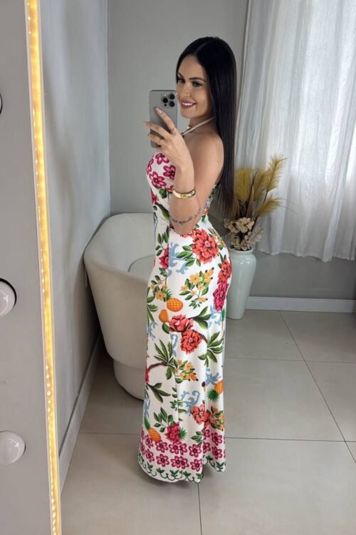 Vestido Longo Estampado Gota Rosa