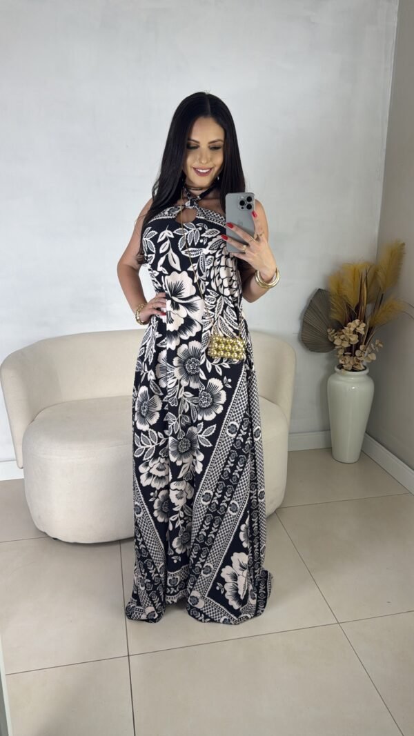 Vestido Longo Estampado Flower Branco com Preto - Imagem 2