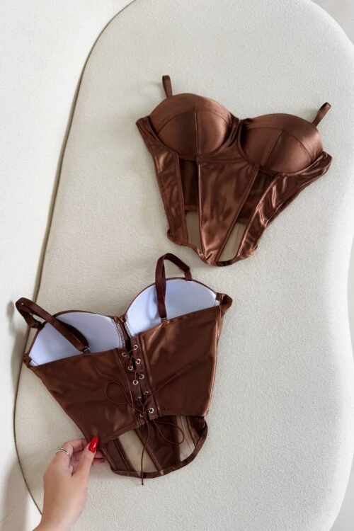 Cropped Corset Cetim com Tule Marrom