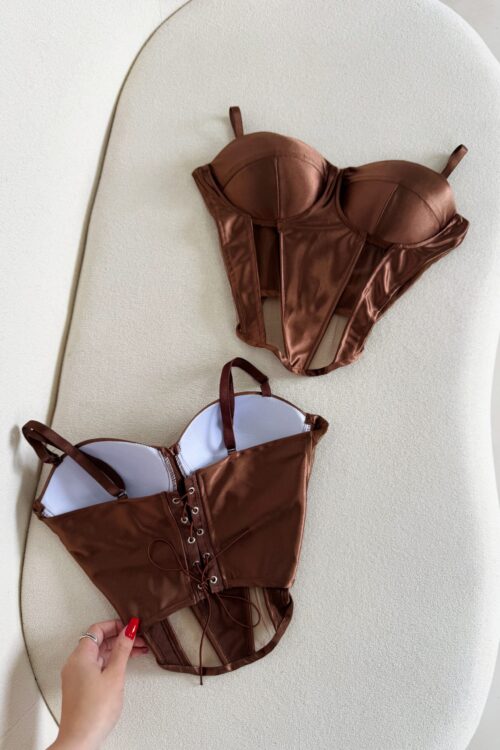 Cropped Corset Cetim com Tule Marrom